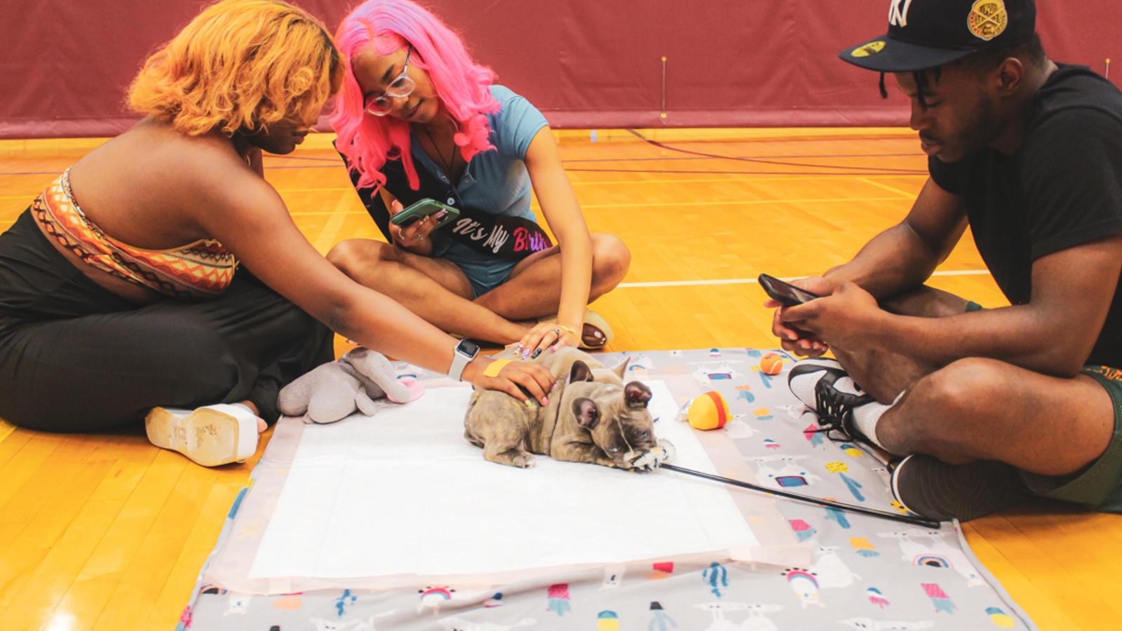 3 students with a puppy