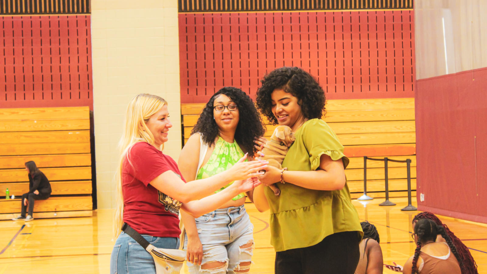 3 students with a puppy cuddling
