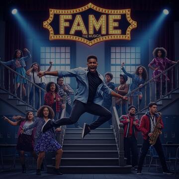 Photo with the FAME logo at the top with a group of students