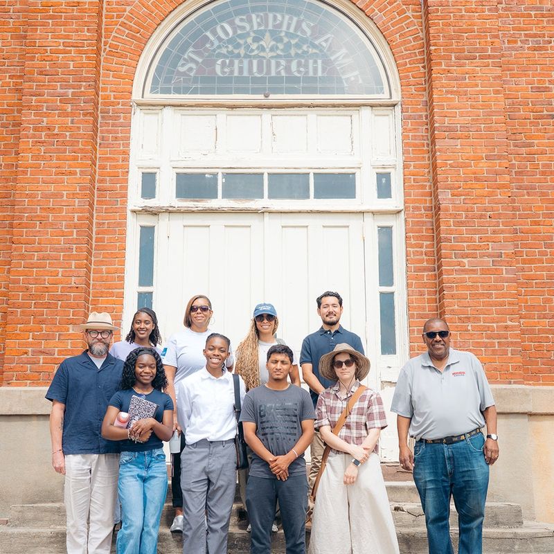 People standing on steps