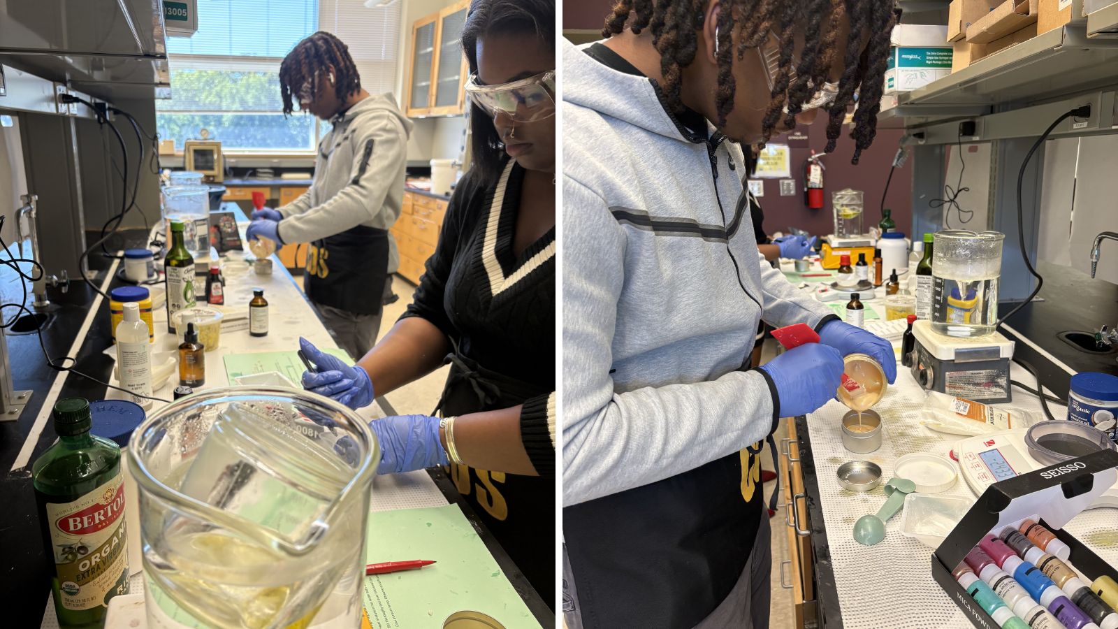 Students wearing safety gear conduct hands-on experiments in a university laboratory setting.