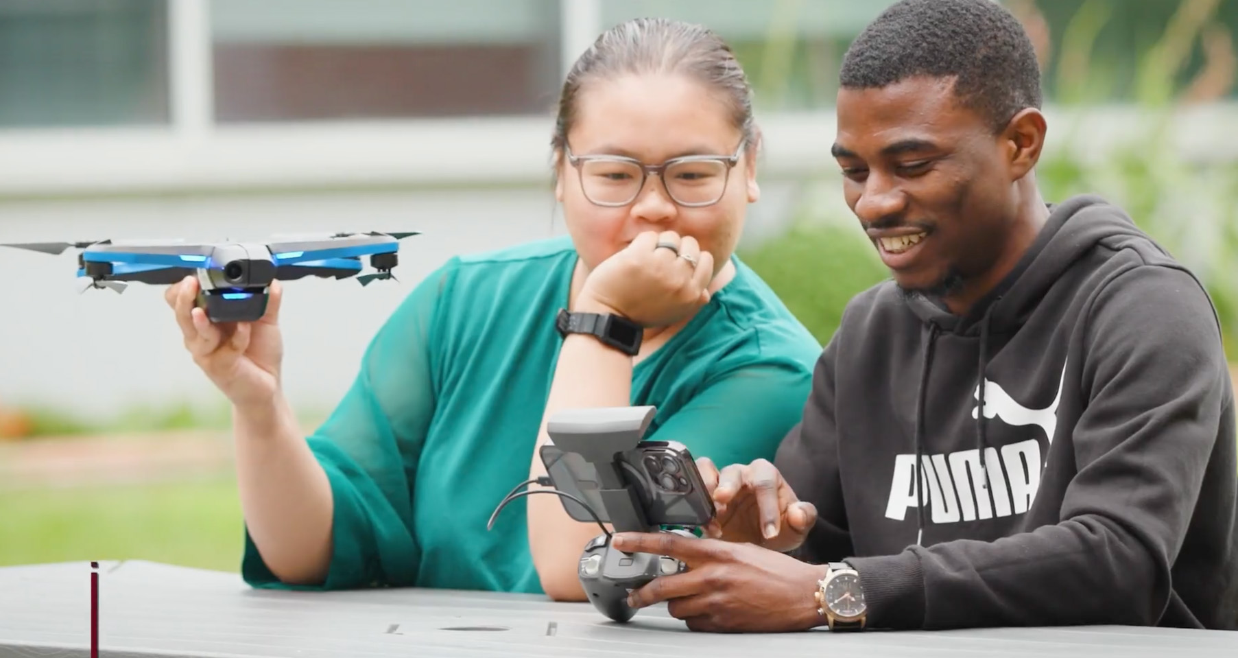 students with a drone
