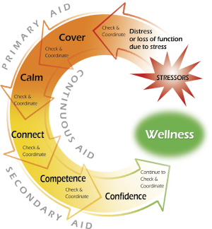 Stress First Aid model: 7 Cs from stress injury to wellness—Check, Coordinate, Cover, Calm, Connect, Competence, Confidence.