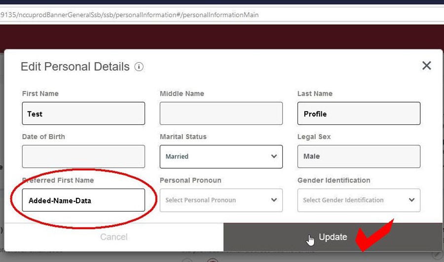 screenshot of banner 9 edit personal details screen with preferred first name circled.