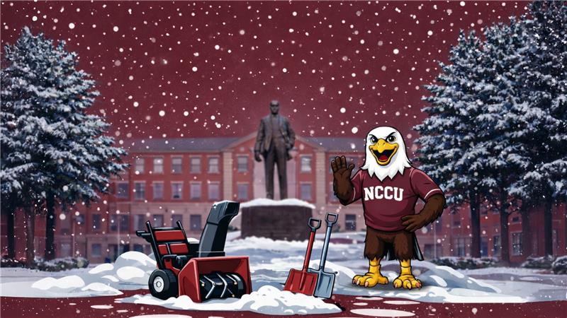 NCCU eagle mascot waving on snowy campus with snowblower and shovels near statue and academic building.