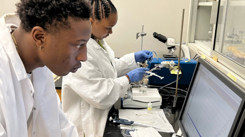 Highly qualified student, Briana, at ECSU training her peers on electrochemistry techniques.