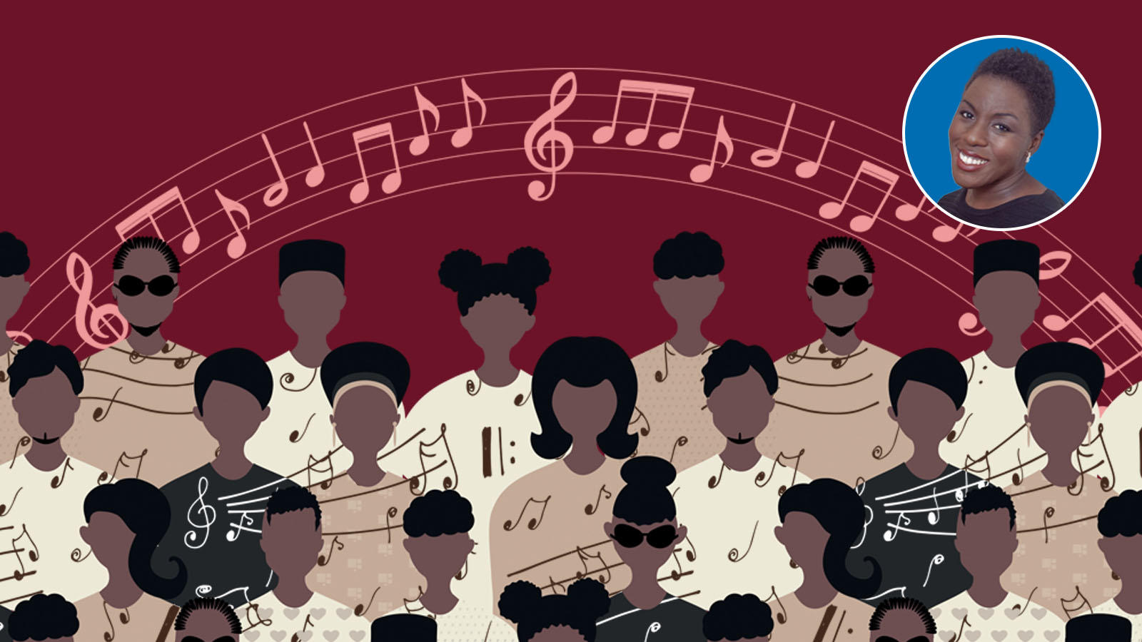 A crowd of black americans with musical patterns surrounding them. Picture of Dr. Hadley