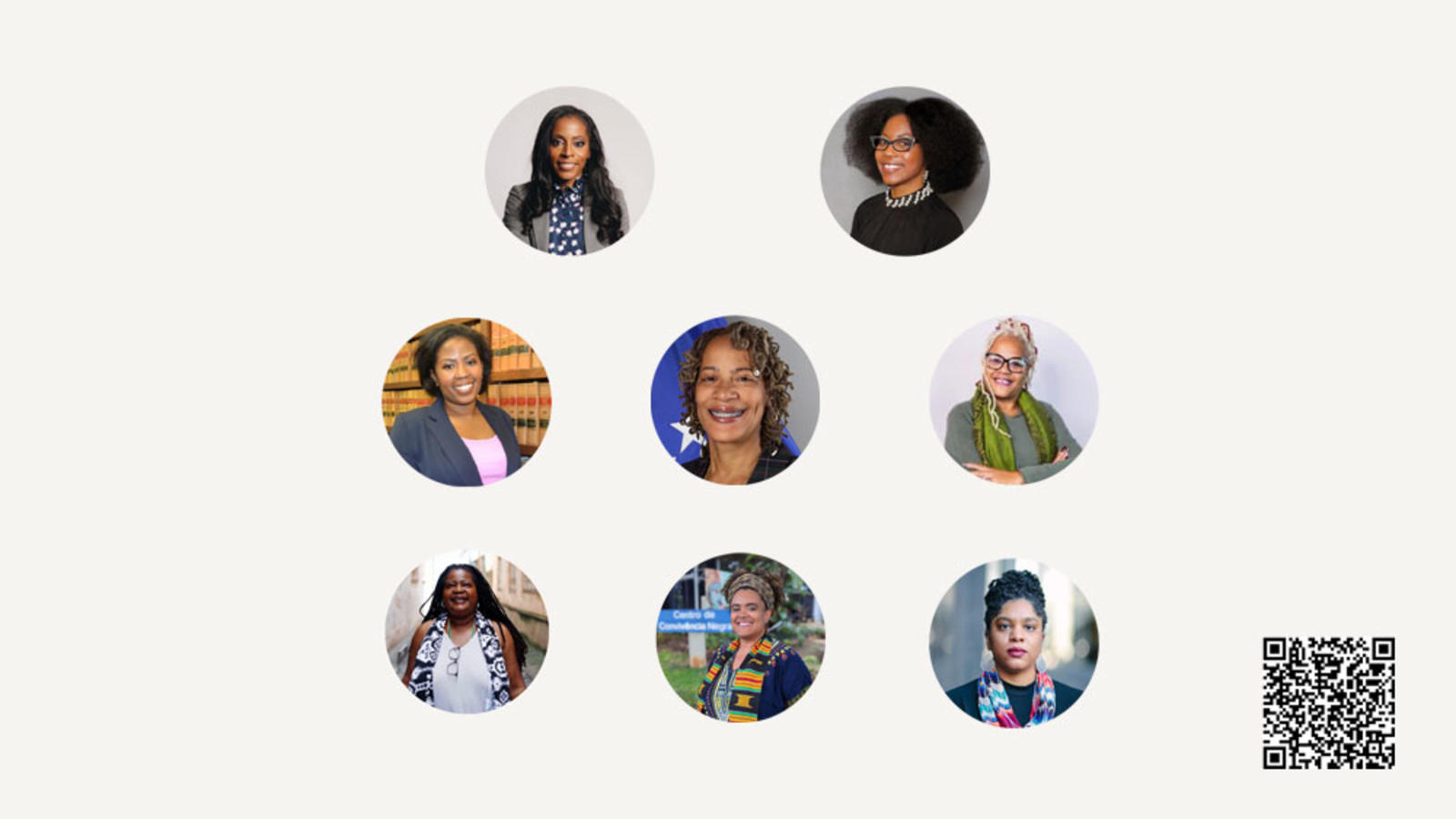 A collage of all the speakers and a QR code of the event