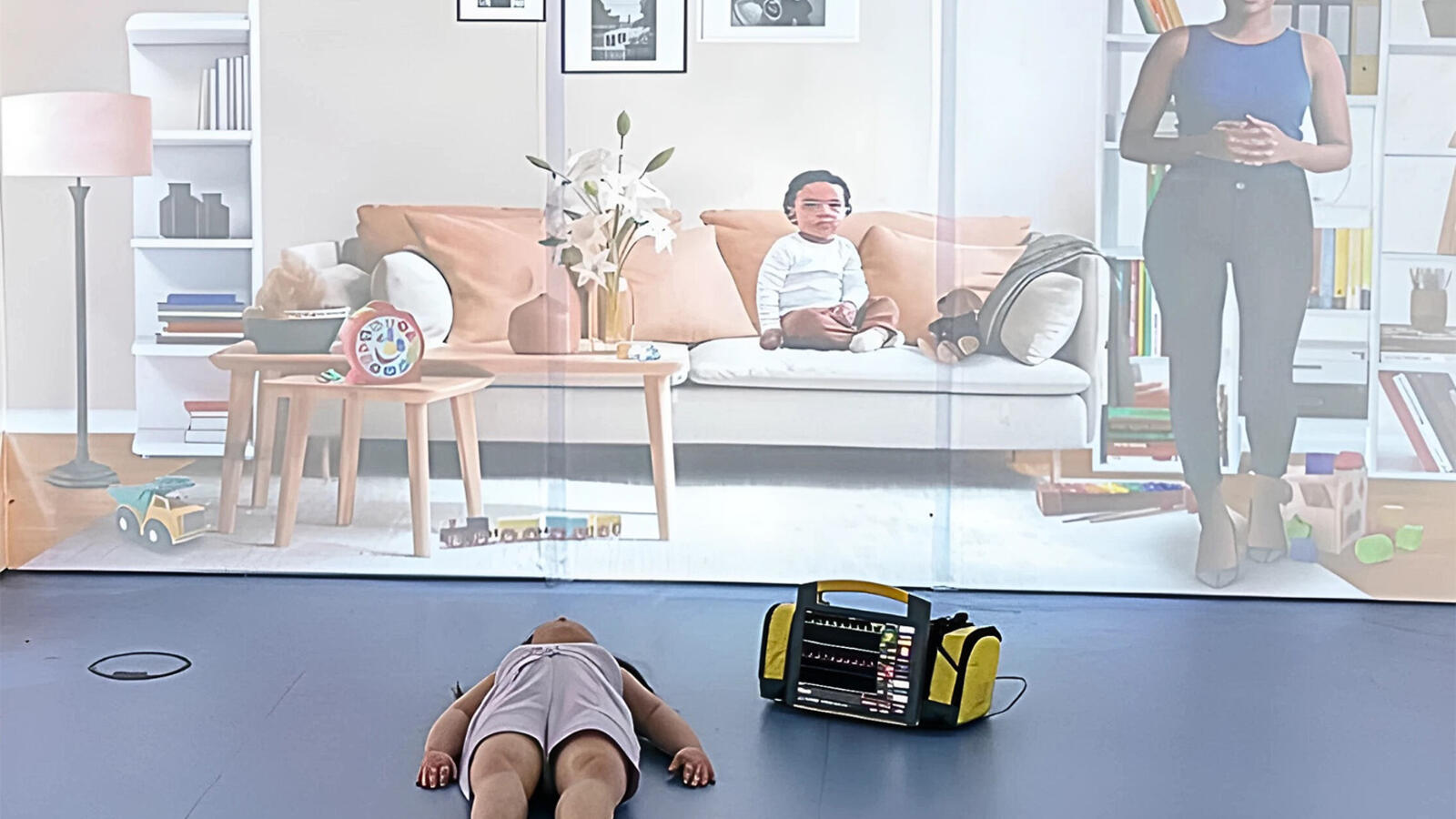 A child laying on the floor in front of a screen displaying a woman and a baby in a living room, with a yellow device beside the child.