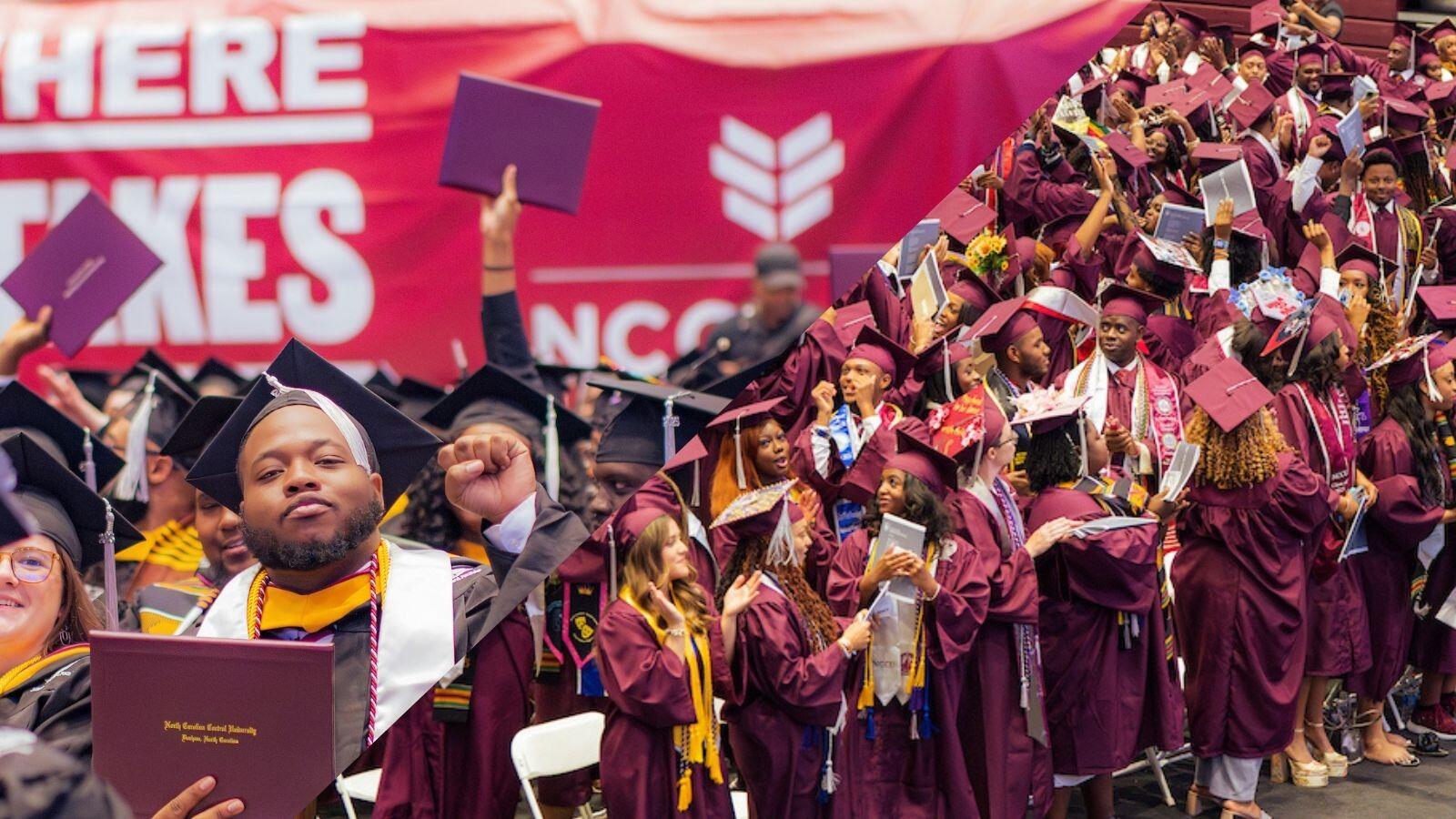 NCCU graduates celebrating in McDougald-McLendon Arena, wearing maroon caps and gowns, holding diplomas, and cheering during commencement.