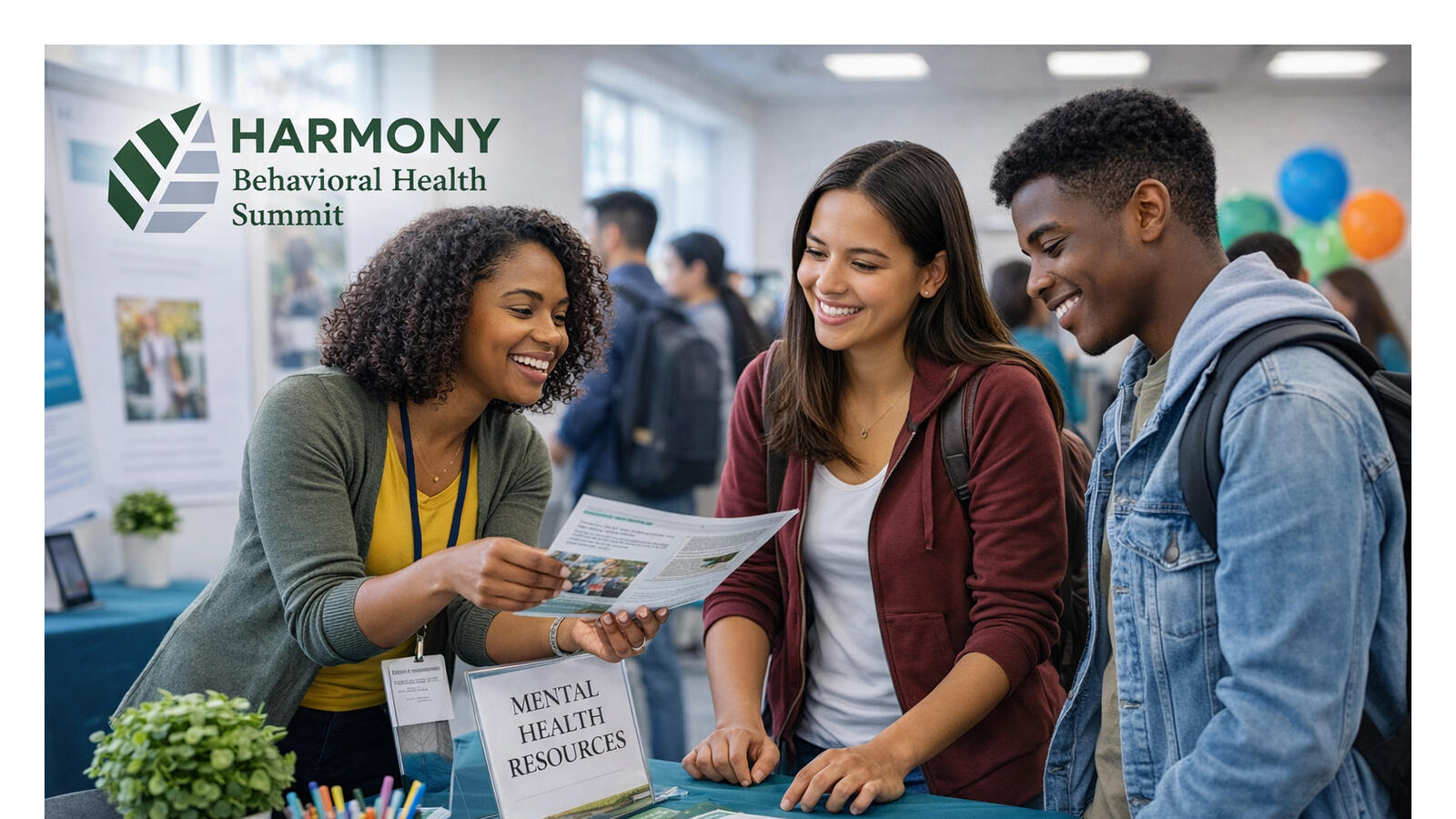 People talking at conference booth