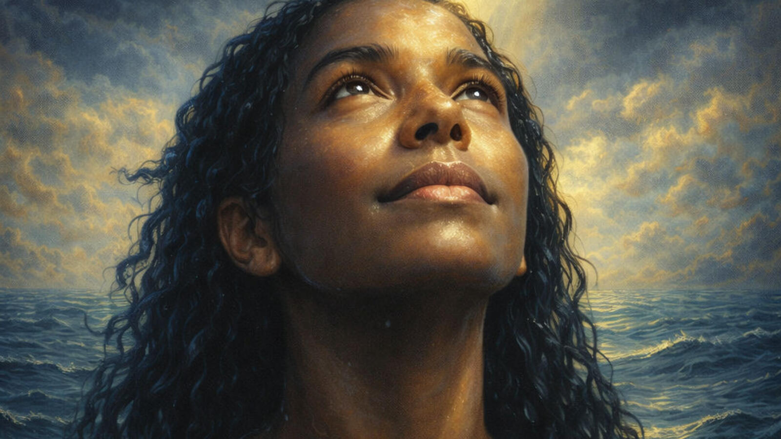 Woman in water staring at sun