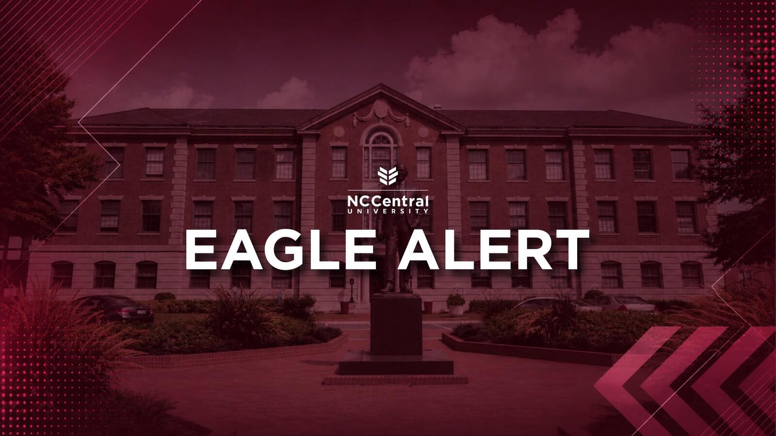 NCCU Eagle Alert graphic featuring the North Carolina Central University campus and the Eagle Alert emergency notification branding.