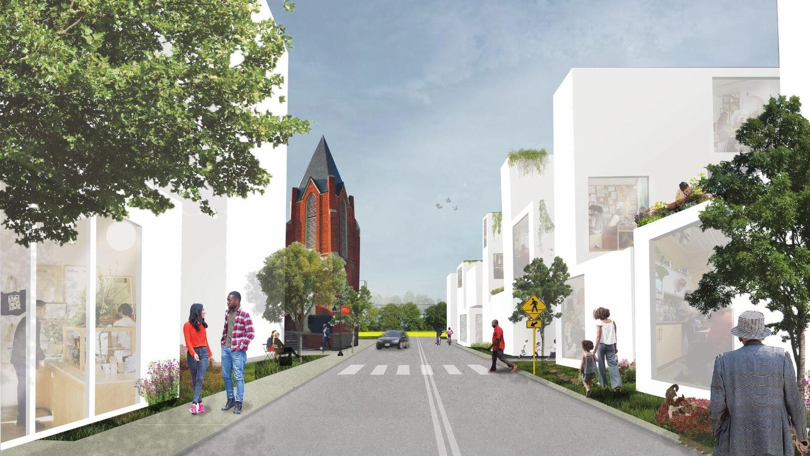 A student rendering of a redesigned residential street in Hayti, with St. Joseph’s A.M.E. Church at the end of the block