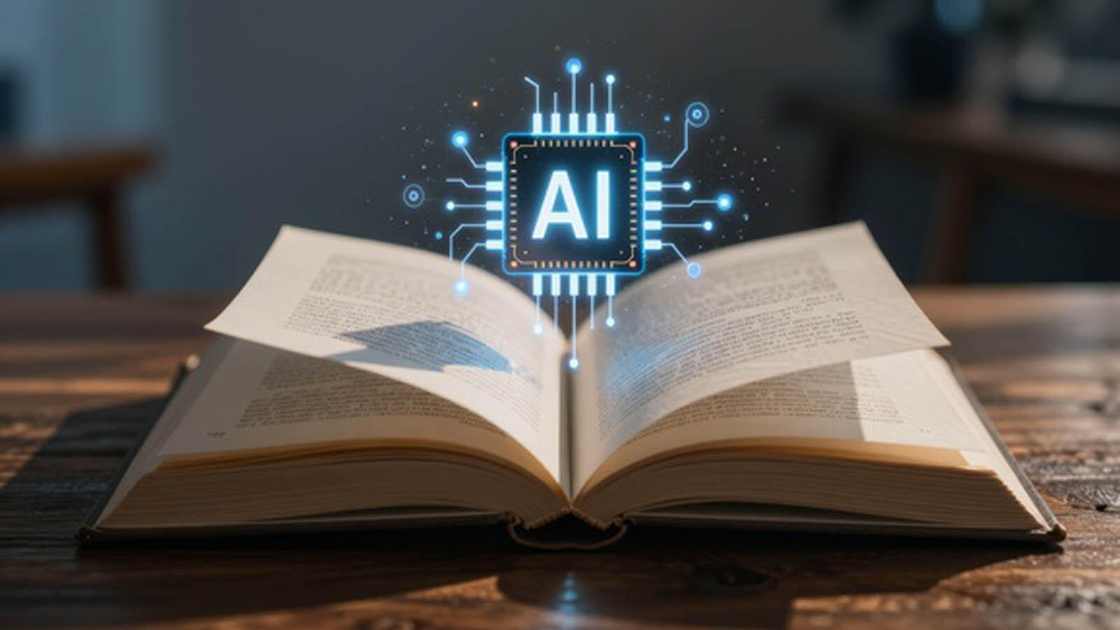 open book on a table with "AI" emerging from the page