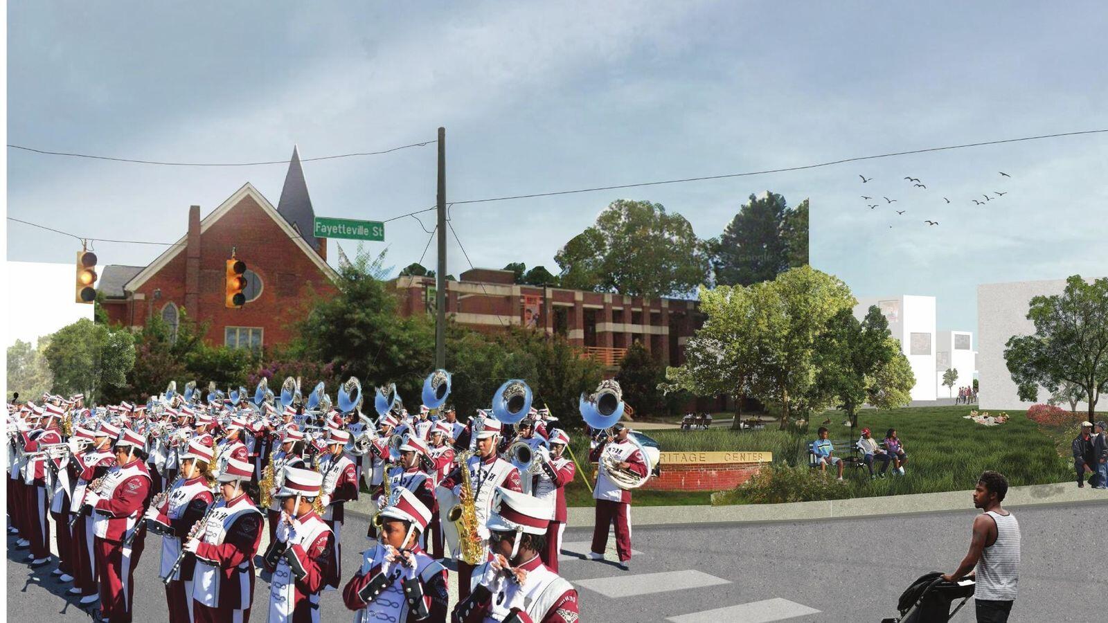 A student rendering of Fayetteville Street showing a marching band passing St. Joseph’s A.M.E. Church