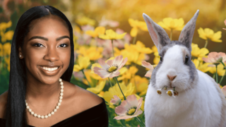 student with bunny in background