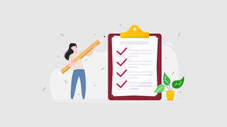 A cartoon woman holding giant pencil, checking off checklist