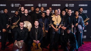 Jazz Ensemble in front of black background at Jack Rudin Jazz Championship Awards