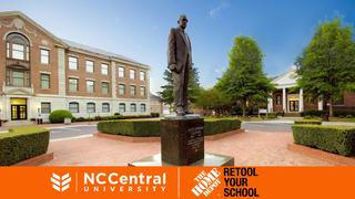 Shepard statue with NCCU and Retool your School logos