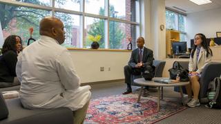 (left to right) Associate Dean Nina Smith, Ph.D., Gentzon Hall, MD, Ph.D., Charles Johnson, Ph.D. and Monique Armelle Dacanay.