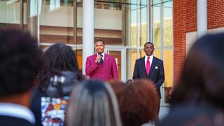 NCCU students addressing a crowd of students.