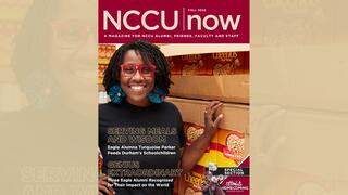 NCCU Now cover image with african american young lady standing infront of boxes of food ready for donation.