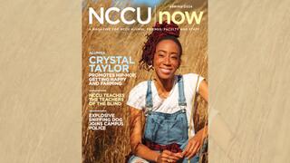 NCCU Now cover image with an african american woman sitting in a field behind her.