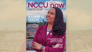 NCCU Now magazine cover with Chancellor Dixon standing on the roof of a campus building