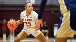 NCCU women’s basketball player dribbles ball during competitive game action.