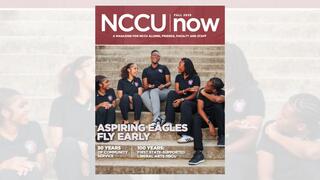 NCCU Now Fall 2025 magazine cover showcasing Aspiring Eagles students at North Carolina Central University, featuring stories on college readiness, community service, student achievement, and the legacy of a historic HBCU.