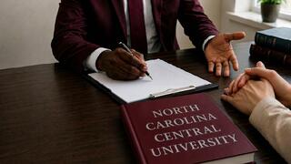 An attorney meets with a client across a desk, taking notes during a legal consultation with an NCCU law book visible.