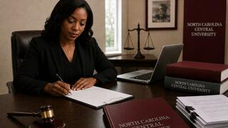 An attorney signs legal documents at a desk with a gavel, legal files, and an NCCU law book nearby.
