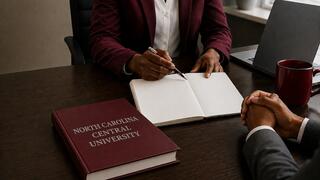 An attorney reviews notes with a client during a preventive legal counseling session in an office.