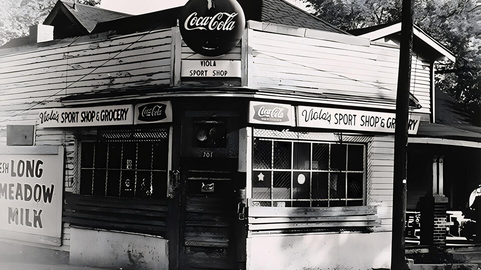 Black-and-white photo of Viola’s Sport Shop & Grocery with Coca-Cola signage on the storefront.