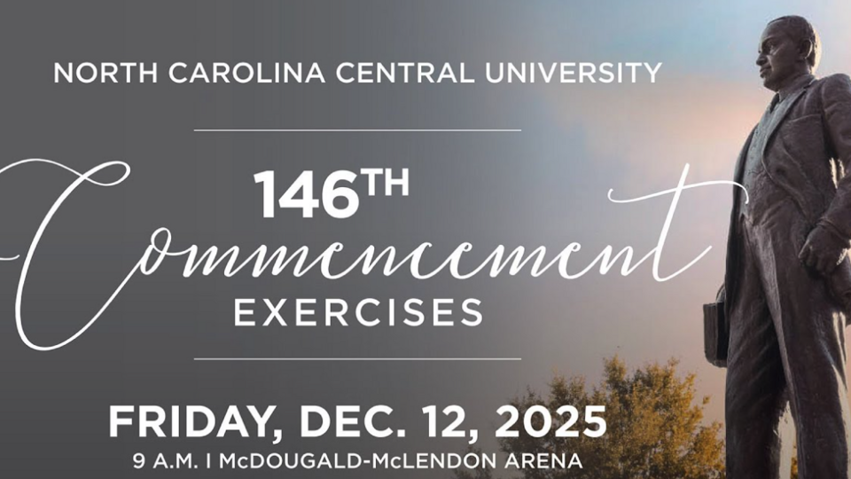 NCCU graphic announcing the 146th Commencement Exercises on Friday, December 12, 2025, featuring elegant script typography and the campus statue of James E. Shepard against a sunrise sky.