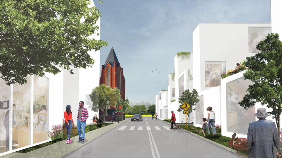 A student rendering of a redesigned residential street in Hayti, with St. Joseph’s A.M.E. Church at the end of the block