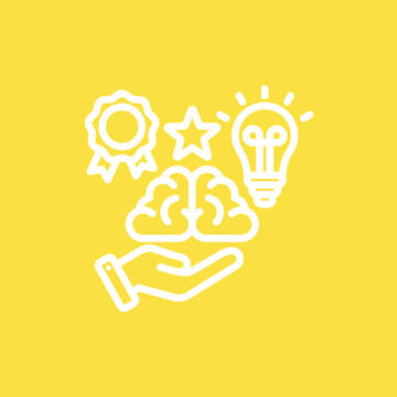 hand icon holding brain, lightbulb, star, and award 