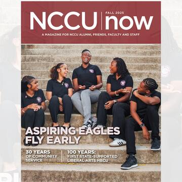 Five NCCU students sit on outdoor steps smiling and talking together, wearing matching black polo shirts with university logos. The image is featured on the Fall 2025 cover of NCCU Now magazine with the headline “Aspiring Eagles Fly Early.