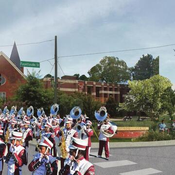 A student rendering of Fayetteville Street showing a marching band passing St. Joseph’s A.M.E. Church