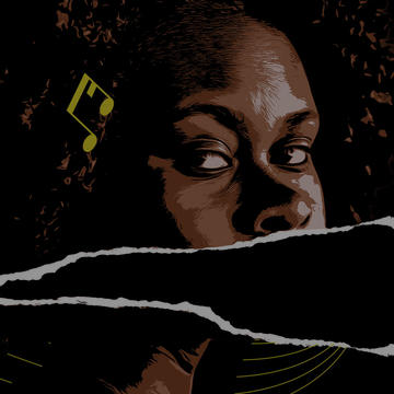 cartoon woman surrounded by music notes