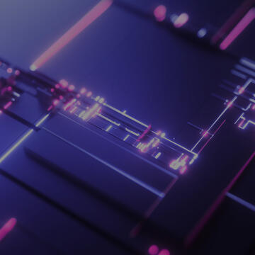 Futuristic circuit board with glowing pink and purple lines.