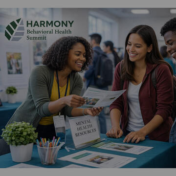 People talking at conference booth