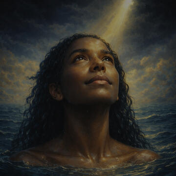 Woman in water staring at sun