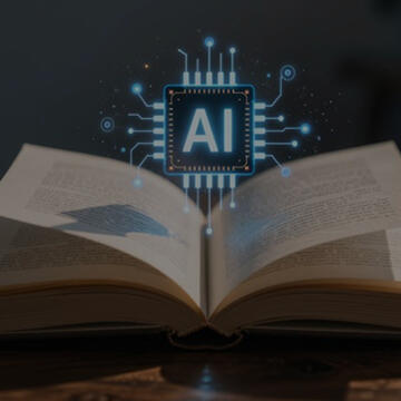 open book on a table with "AI" emerging from the page